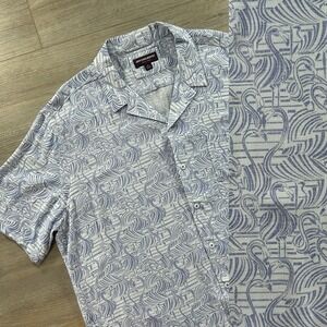 Johnston & Murphy Mens XL Blue Flamingo Print Camp Hawaiian Button Up Rayon